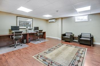 A conference room with a desk and chairs and a rug